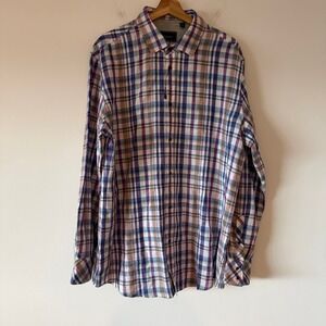 Williams & Kent Mens XXL Plaid Button Down Shirt Cotton Linen Purple Blue Multi‎